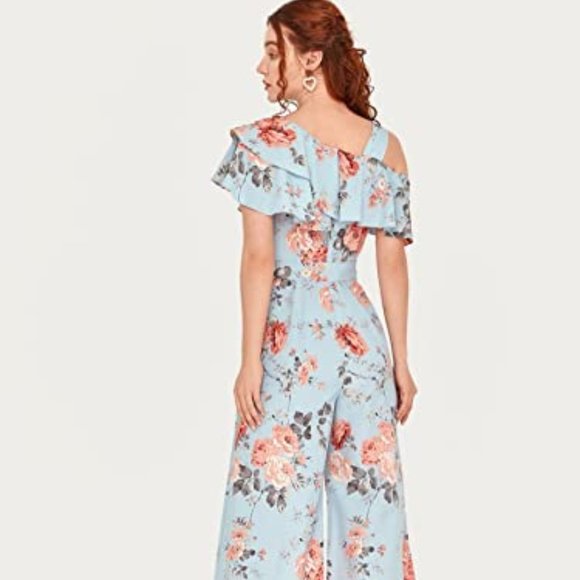 Women's Rose Floral Print Ruffle Hem Romper Short Sleeve Wide Leg Jumpsuit - Picture 5 of 13